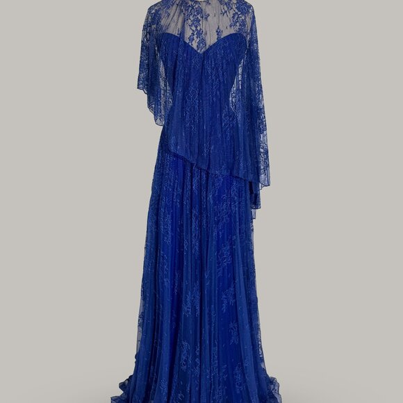 Brand New US 8 Gemy Maalouf Chantilly Lace Maxi Gown with Cape in Royal Blue - Picture 1 of 7